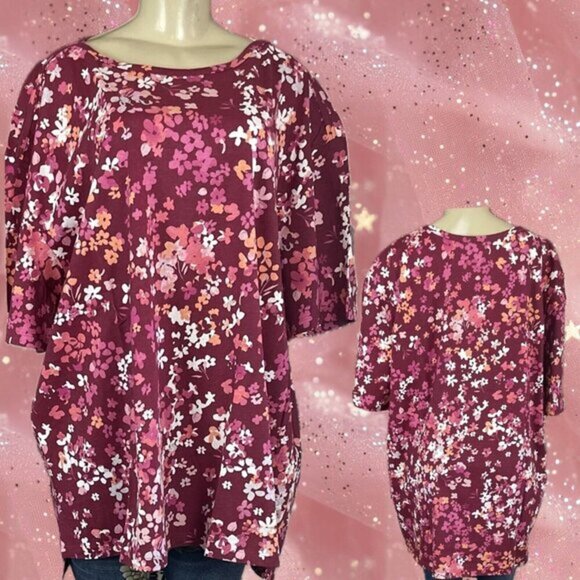 Woman Within +26/28 Maroon Red Floral Crew Neckline 100% Cotton Short Sleeve Top - Picture 1 of 6